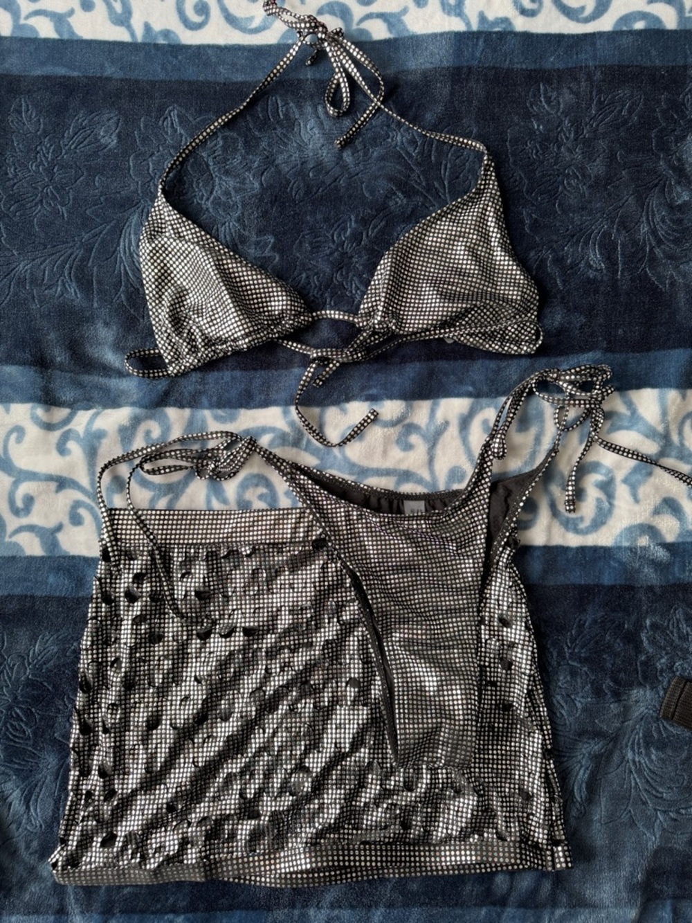Black and Silver Disco Bikini Set with Mesh Skirt